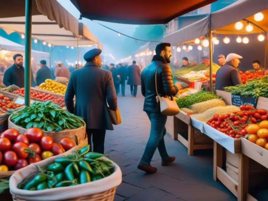 Un bullicioso mercado italiano con ingredientes orgánicos frescos como tomates, albahaca y pimientos