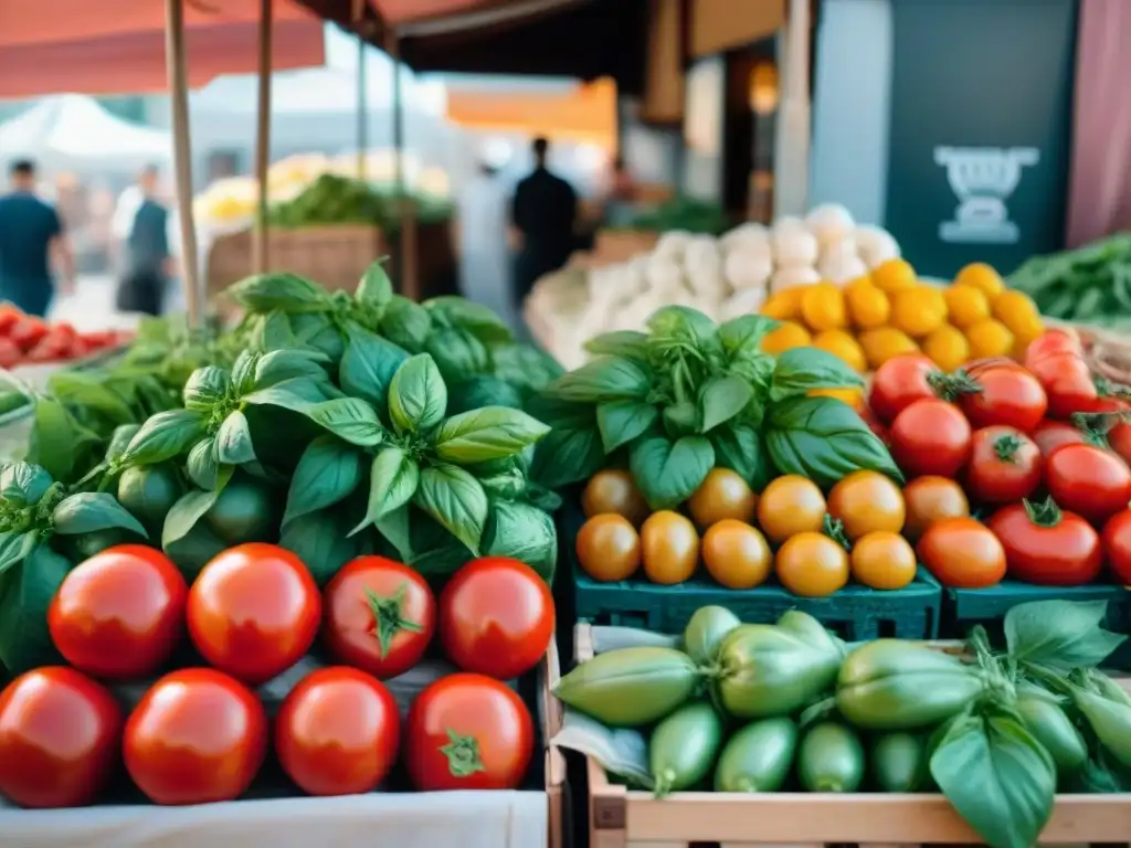 Un bullicioso mercado italiano con ingredientes frescos y vibrantes, que captura la auténtica cultura culinaria