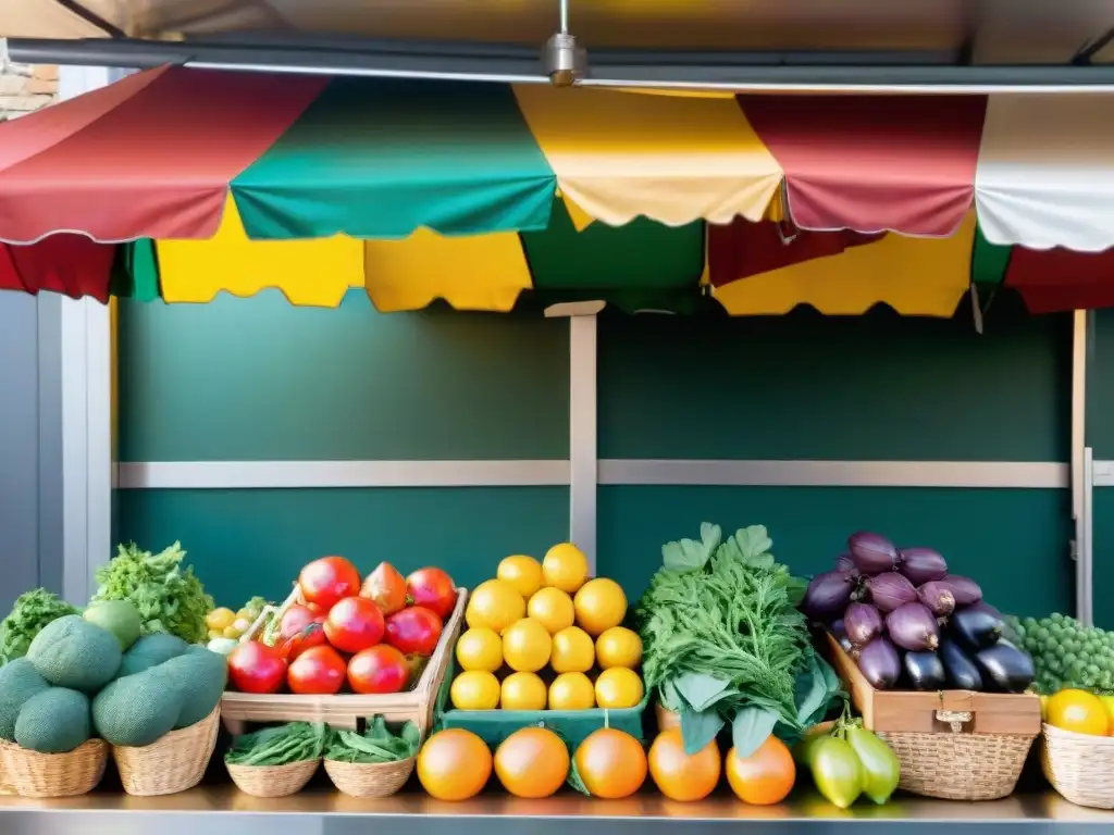 Un bullicioso mercado italiano lleno de frutas, verduras y hierbas frescas bajo sombrillas rayadas