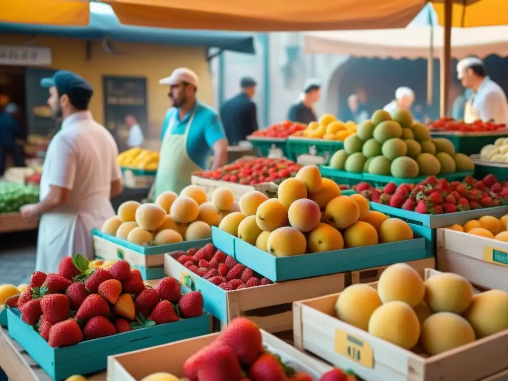 Un bullicioso mercado italiano lleno de frutas frescas y coloridas como fresas maduras, duraznos jugosos y limones suculentos