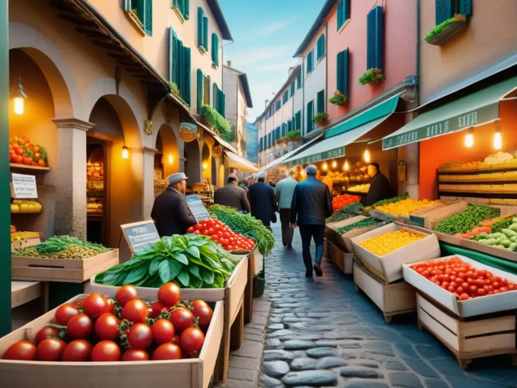 Un bullicioso mercado italiano lleno de productos frescos y coloridos, donde se respira pasión culinaria