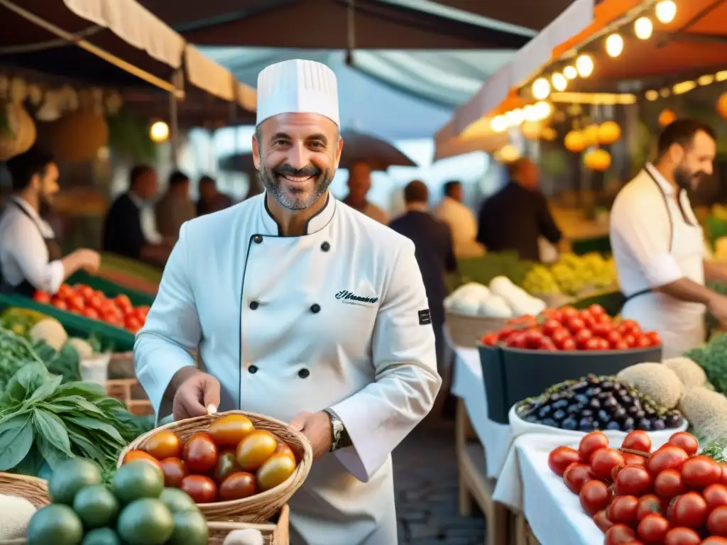 Un bullicioso mercado italiano lleno de coloridos puestos de productos frescos como tomates maduros, albahaca fragante y aceitunas jugosas