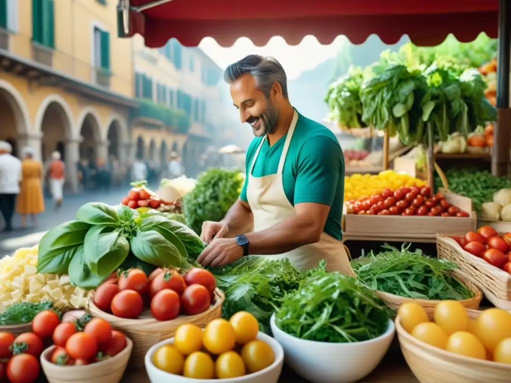 Un bullicioso mercado italiano lleno de color y vida, con ingredientes frescos para Ensaladas italianas frescas y tradicionales