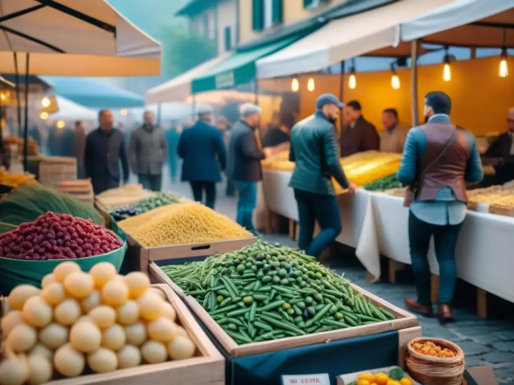 Un bullicioso mercado italiano lleno de coloridos puestos que ofrecen delicias gastronómicas tradicionales y modernas