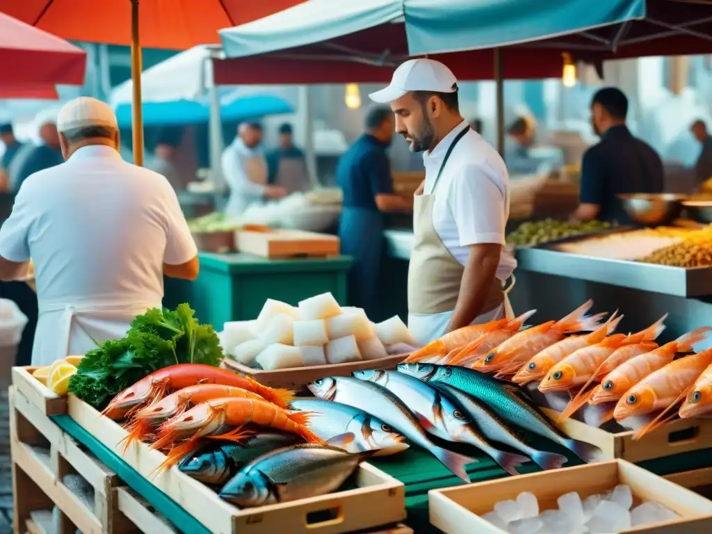 Un bullicioso mercado italiano de pescado fresco con clientes emocionados examinando la calidad de mariscos