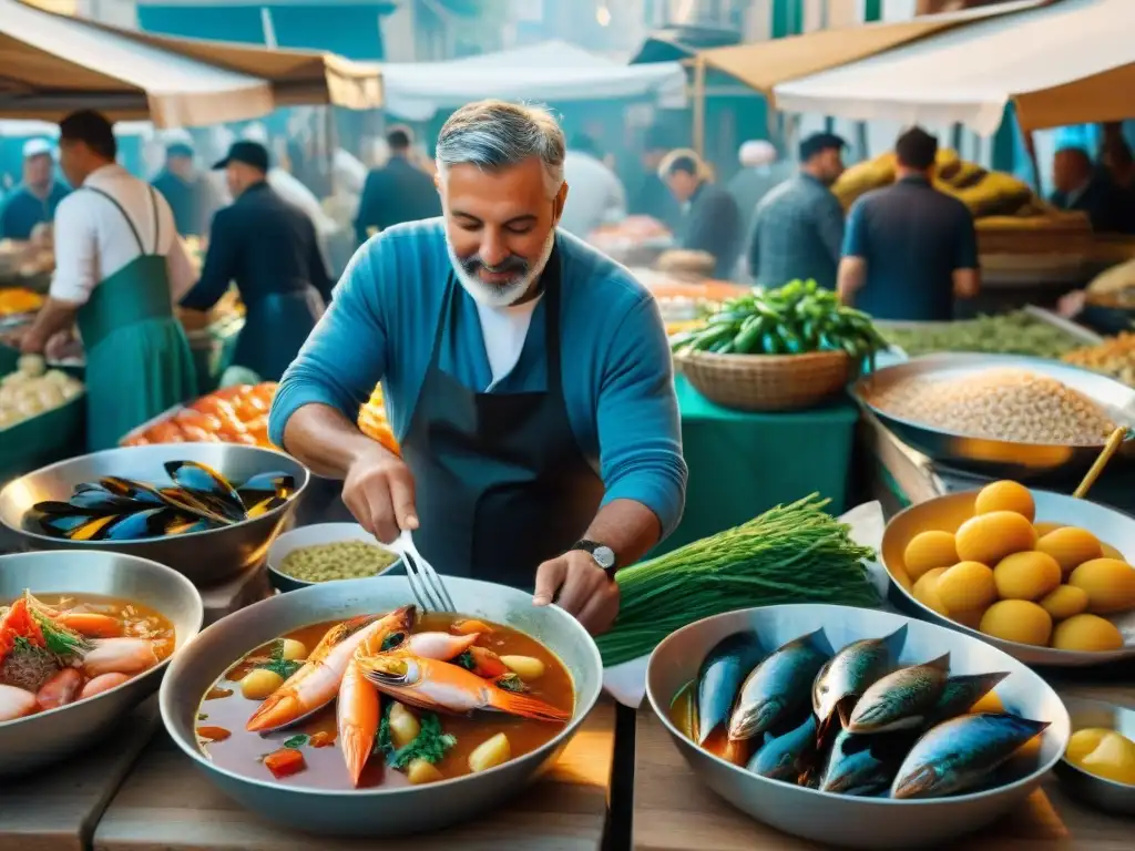 Un bullicioso mercado italiano con pescado fresco, vegetales coloridos y hierbas aromáticas