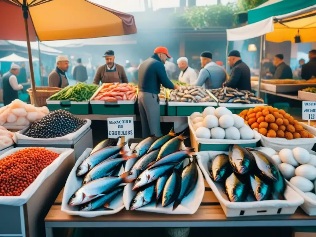 Un bullicioso mercado italiano de pescado con productos frescos y coloridos, destacando los beneficios del pescado en cocina italiana