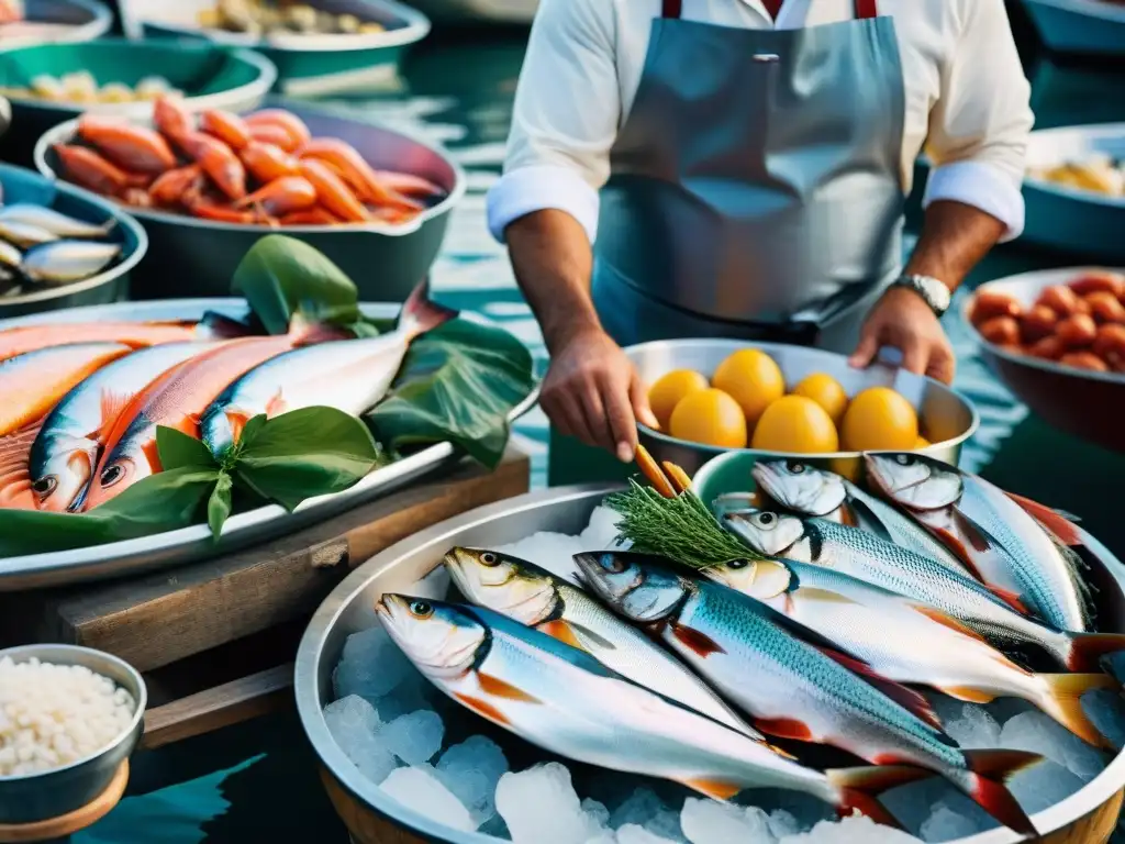 Un bullicioso mercado italiano de pescados y mariscos, mostrando la autenticidad y tradición culinaria