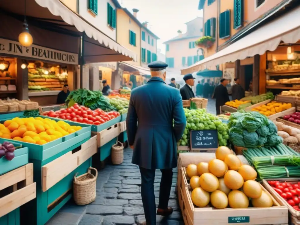 Un bullicioso mercado italiano con productos frescos, locales conversando y arquitectura tradicional