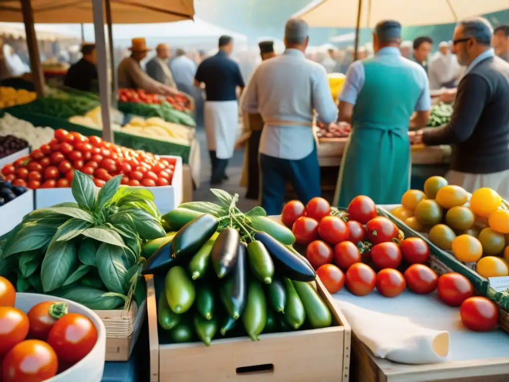 Un bullicioso mercado italiano con productos frescos y vendedores locales, fusionando tradición e innovación culinaria