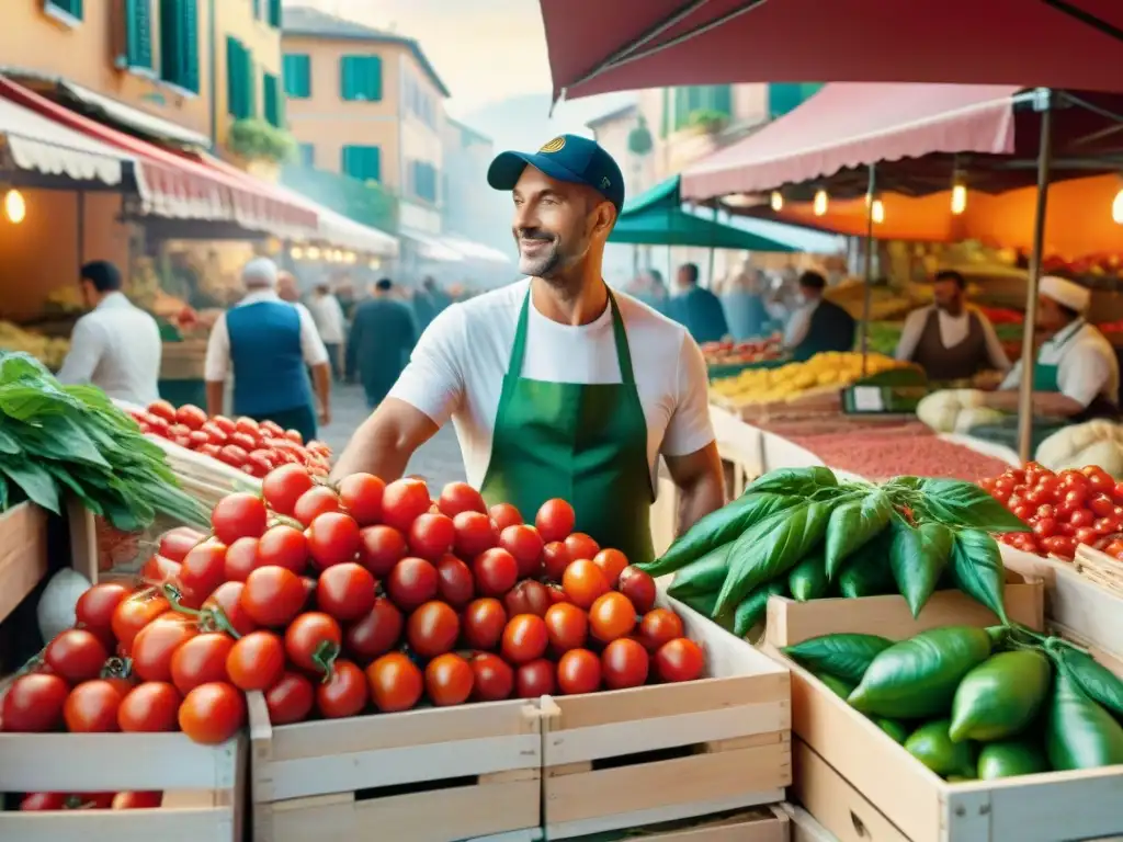 Un bullicioso mercado italiano con productos frescos y coloridos, vendedores locales y una atmósfera auténtica