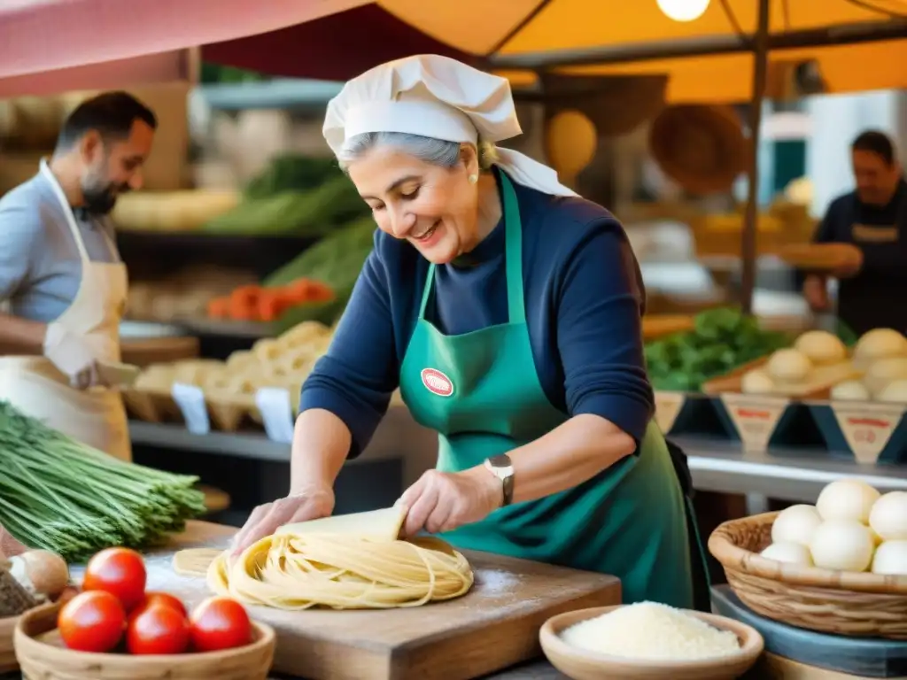 Un bullicioso mercado italiano con productos frescos y una nonna experta en pasta casera