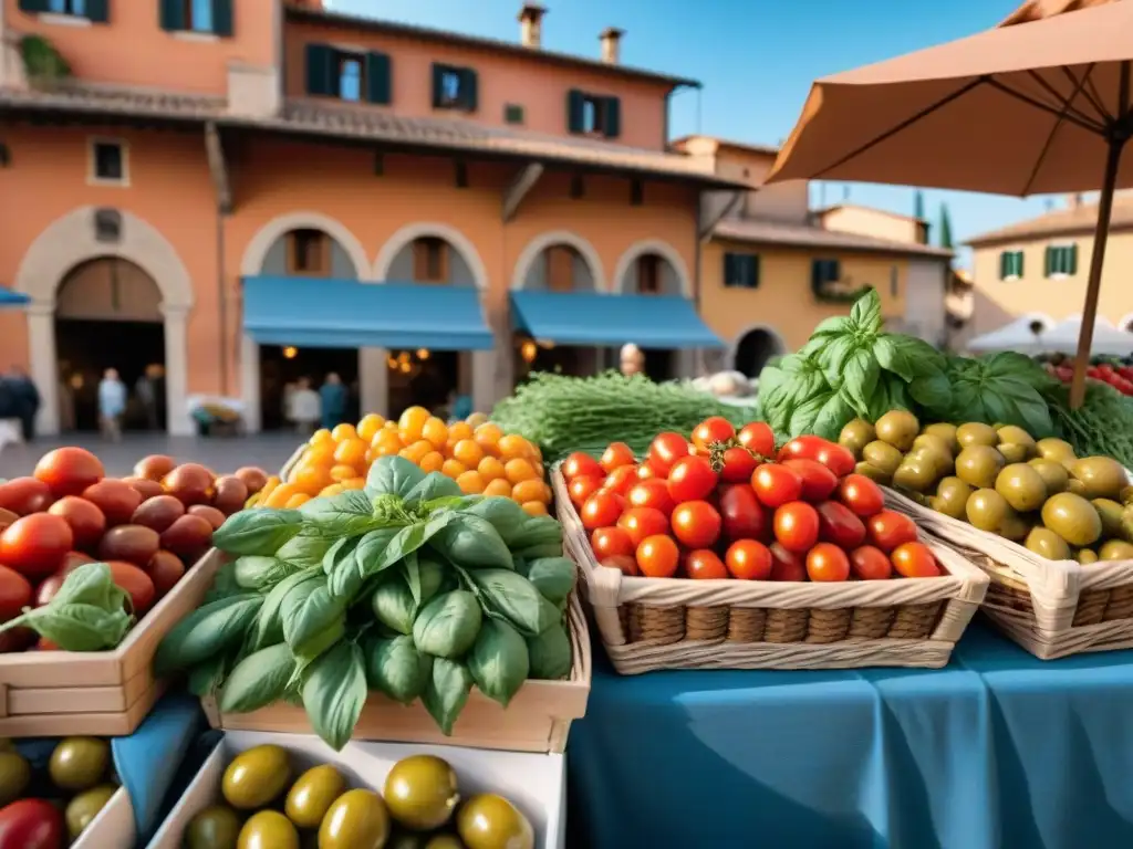 Un bullicioso mercado italiano con puestos coloridos rebosantes de productos frescos y locales