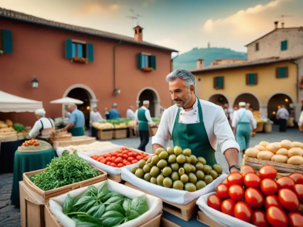 Un bullicioso mercado italiano con puestos coloridos rebosantes de productos frescos como tomates vibrantes, albahaca fragante y aceitunas jugosas