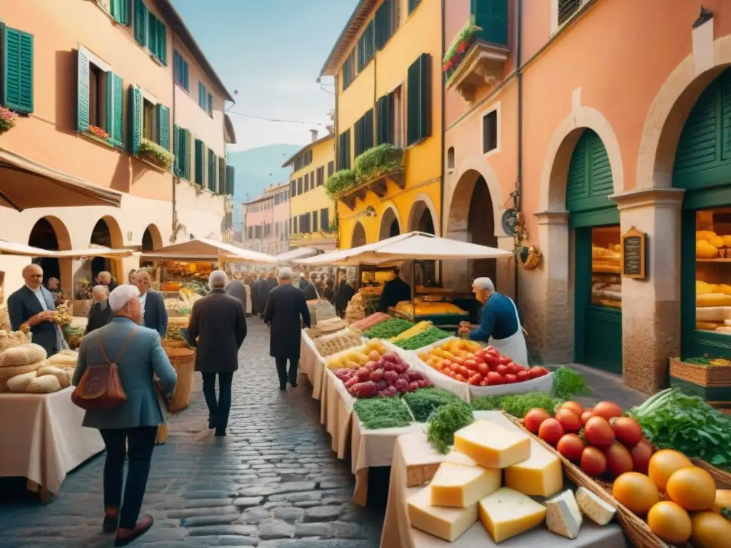 Un bullicioso mercado italiano con puestos coloridos rebosantes de productos frescos, quesos artesanales y hierbas fragantes