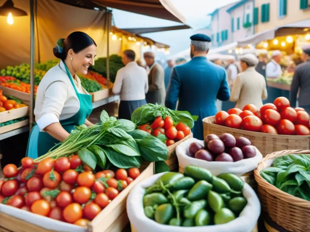 Un bullicioso mercado italiano con puestos coloridos rebosantes de ingredientes frescos para la receta tradicional minestrone italiano