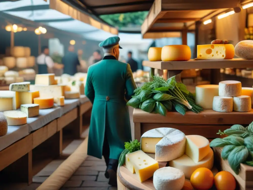 Un bullicioso mercado italiano con quesos auténticos rodeados de hierbas frescas y vegetales coloridos