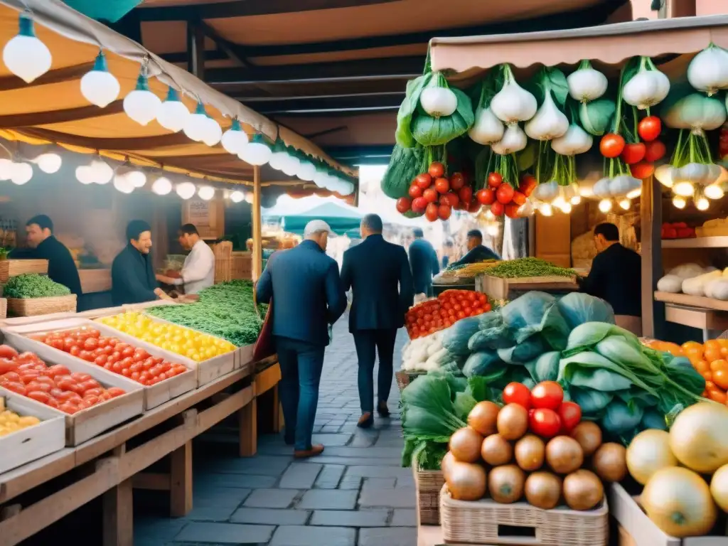 Un bullicioso mercado italiano rebosante de coloridos ingredientes frescos, vendedores locales y consejos culinarios