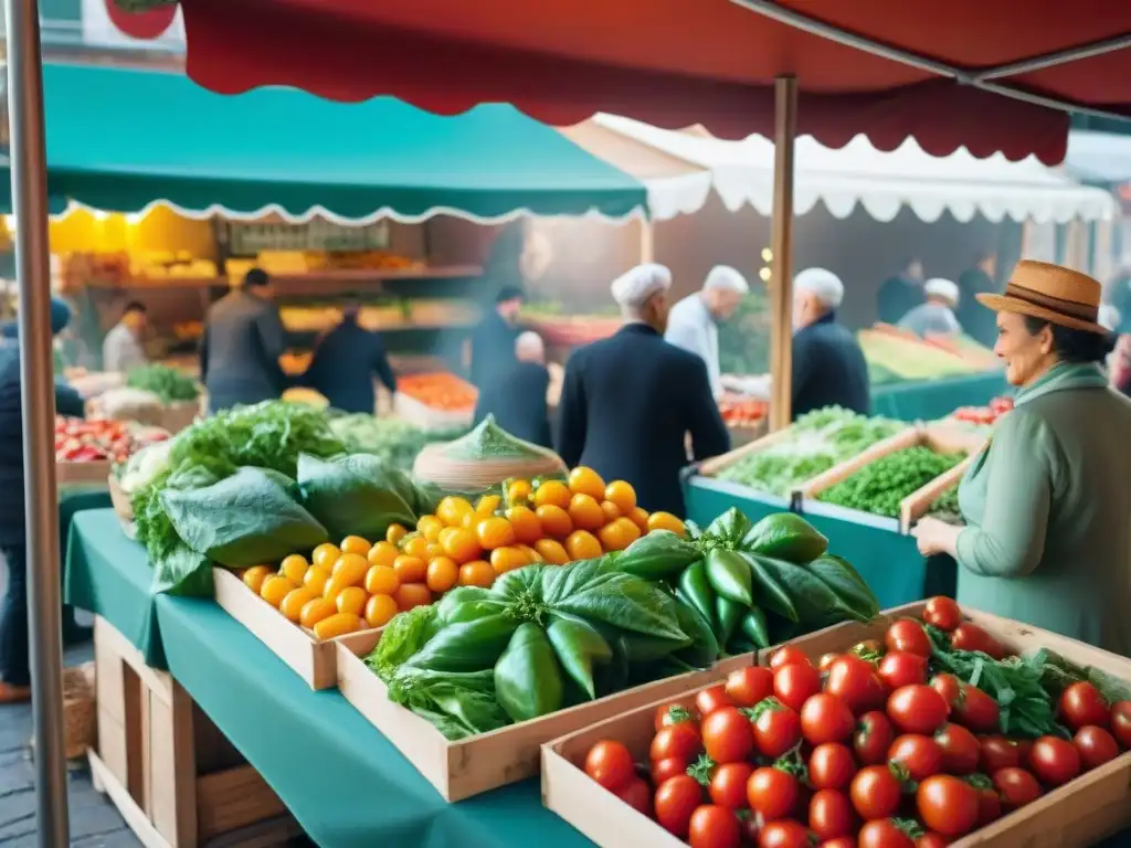 Un bullicioso mercado italiano rebosante de productos frescos y coloridos para ensaladas italianas frescas y tradicionales