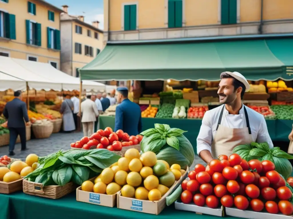 Un bullicioso mercado italiano repleto de coloridos puestos de productos frescos