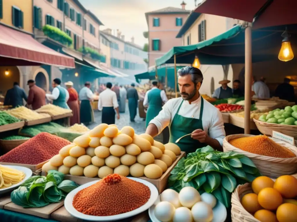 Un bullicioso mercado italiano del siglo XIX, con vendedores de productos frescos y especias