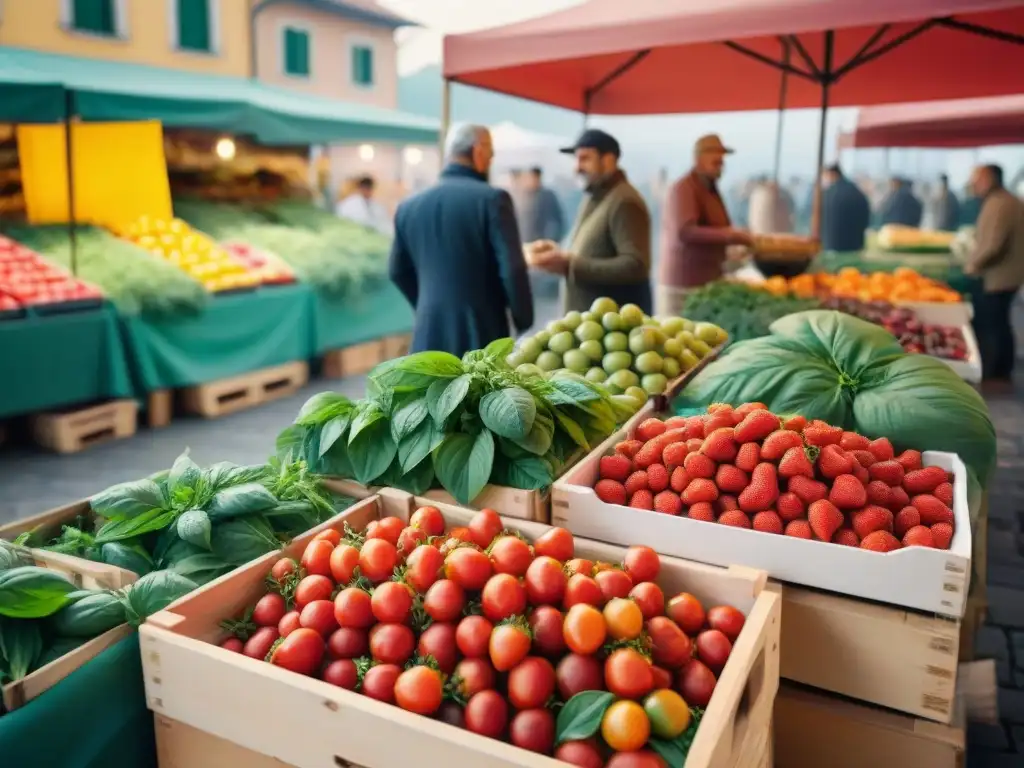 Un bullicioso mercado italiano con vendedores de frutas frescas y clientes inspeccionando fresas brillantes