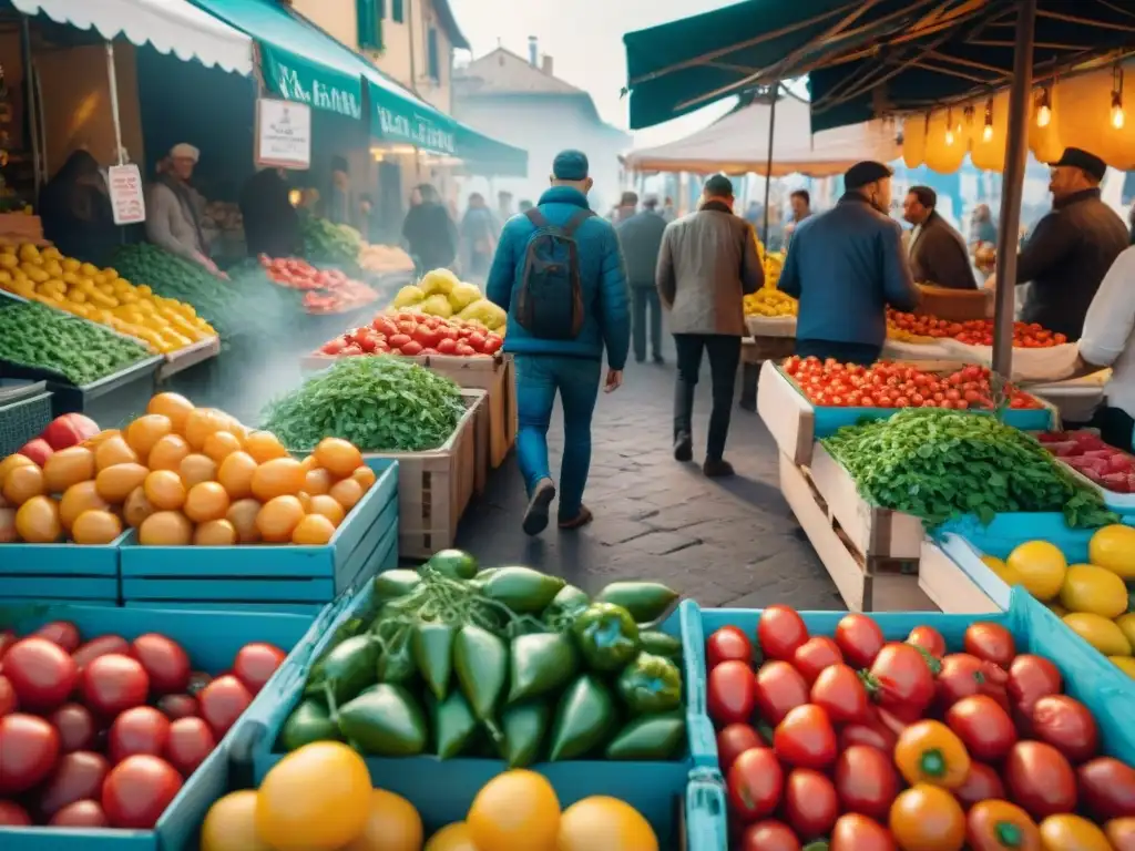 Un bullicioso mercado italiano en verano con una explosión de colores y productos frescos