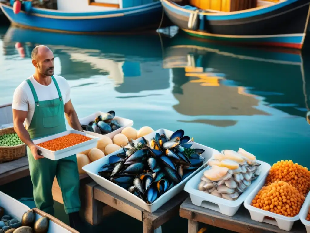 Un bullicioso mercado de mariscos en Italia con pescadores descargando barcas y vendedores exhibiendo mariscos frescos