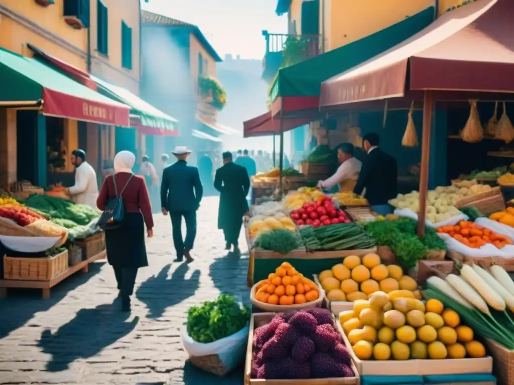 Un bullicioso mercado mediterráneo lleno de coloridas frutas, verduras y hierbas frescas, en una escena iluminada por el sol, que refleja la esencia de la dieta mediterránea y la fertilidad alimentación