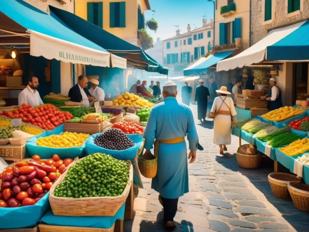 Un bullicioso mercado mediterráneo con productos frescos y coloridos, reflejando la Dieta Mediterránea para perder peso