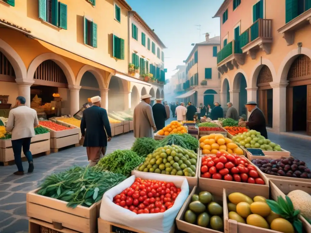 Un bullicioso mercado mediterráneo con productos frescos, colores vibrantes y arquitectura histórica