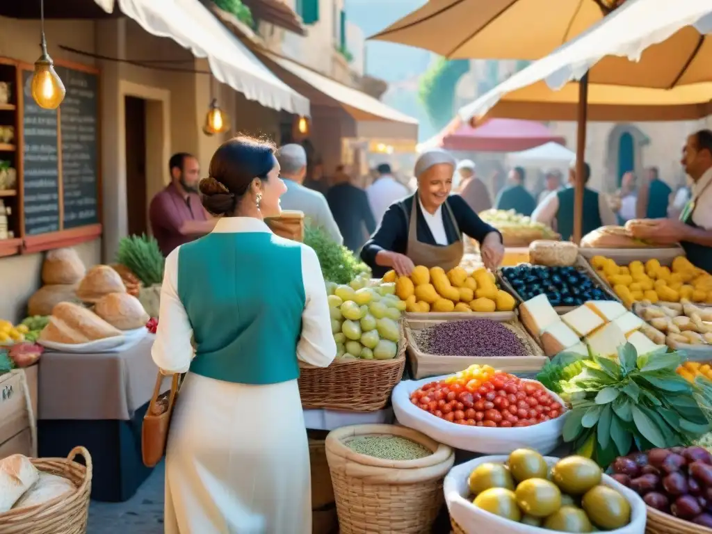 Un bullicioso mercado mediterráneo rebosante de colores y sabores frescos