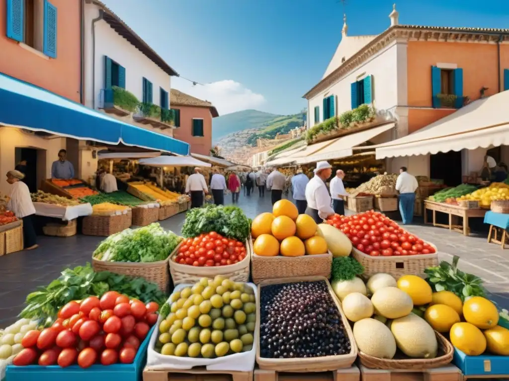 Un bullicioso mercado mediterráneo rebosante de frutas y verduras frescas, capturando la esencia de la Dieta Mediterránea