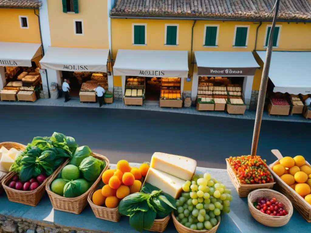 Un bullicioso mercado de Molise con productos frescos, quesos artesanales y pastas caseras