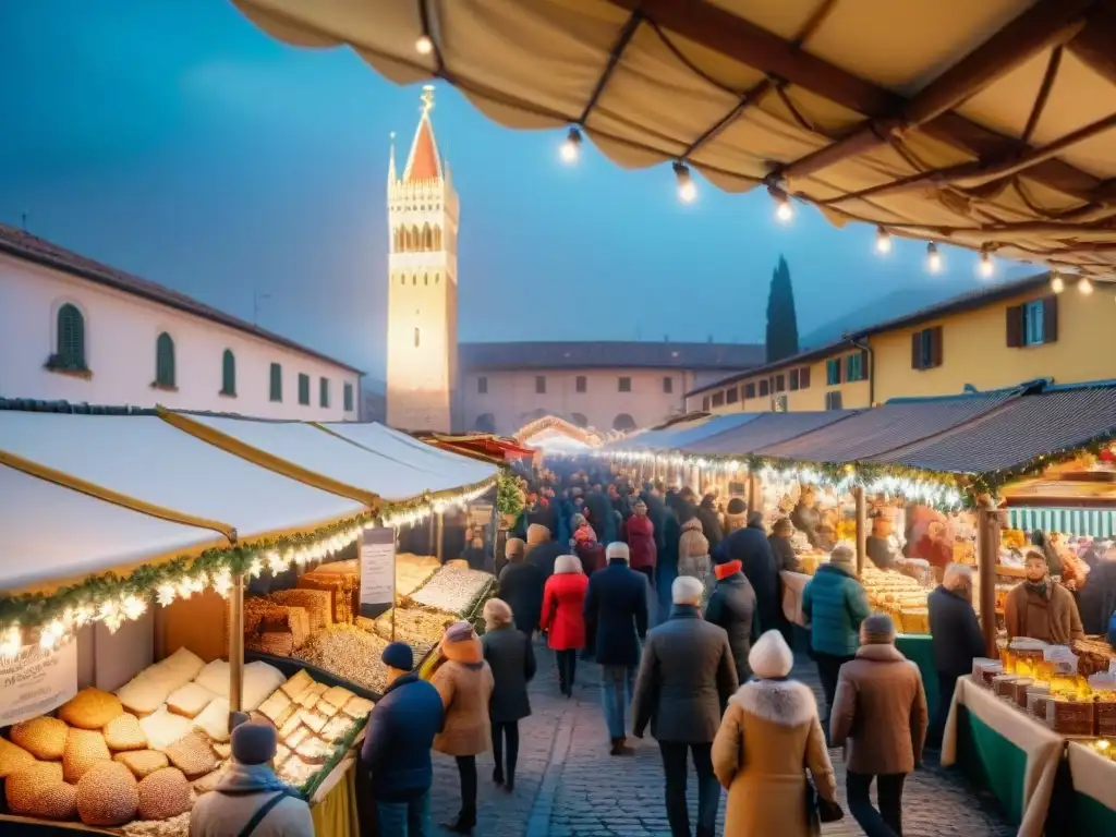 Un bullicioso mercado navideño italiano con dulces tradicionales, gente curioseando, vendedores en trajes típicos y luces brillantes