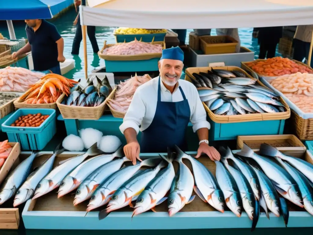 Un bullicioso mercado de pescado italiano, con locales regateando por mariscos frescos