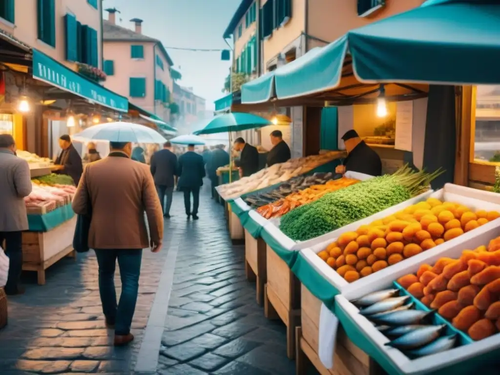 Un bullicioso mercado de pescados y mariscos sostenibles en Italia, lleno de vida y color