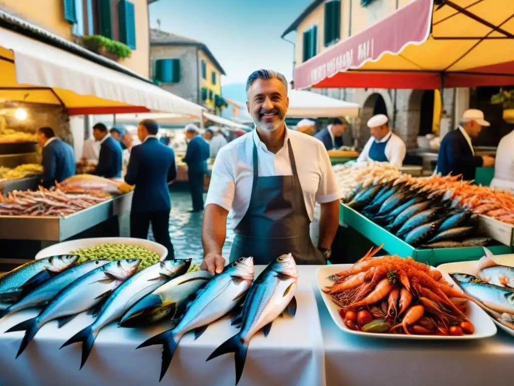 Un bullicioso mercado de pescados y mariscos en cocina italiana, lleno de color y vida