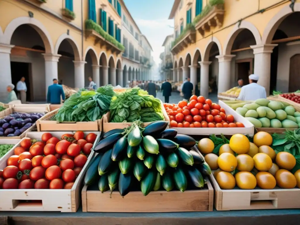 Un bullicioso mercado siciliano con influencia africana en cocina italiana, lleno de productos frescos y coloridos