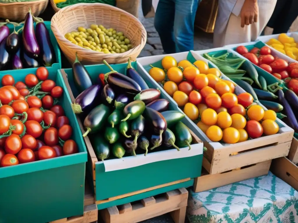 Un bullicioso mercado siciliano con ingredientes para la receta caponata siciliana vegetariana