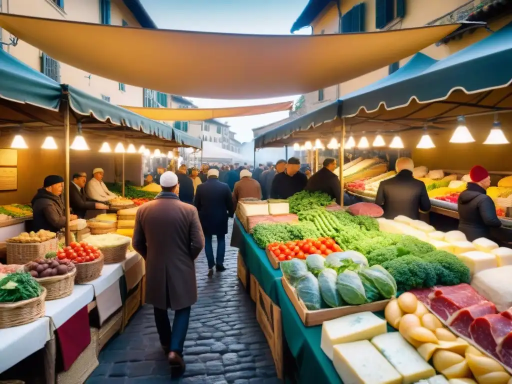 Un bullicioso mercado tradicional florentino con una colorida muestra de productos frescos, quesos artesanales, embutidos y pasta casera