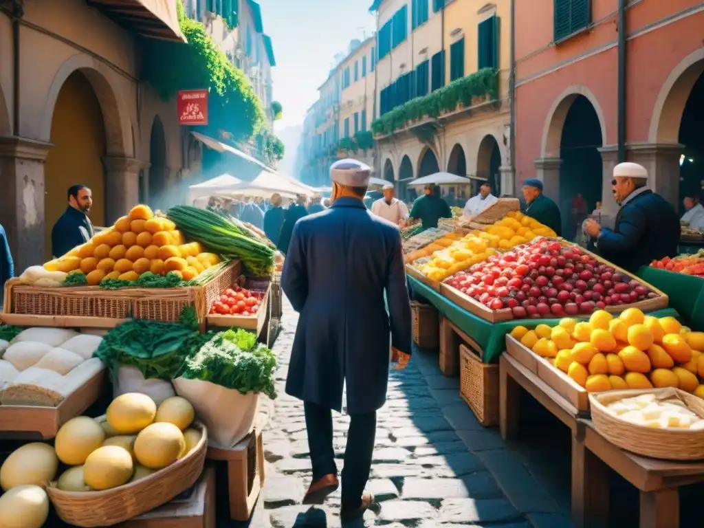 Un bullicioso mercado tradicional en Nápoles, Italia, rebosante de coloridas paradas de comida fresca y productos locales