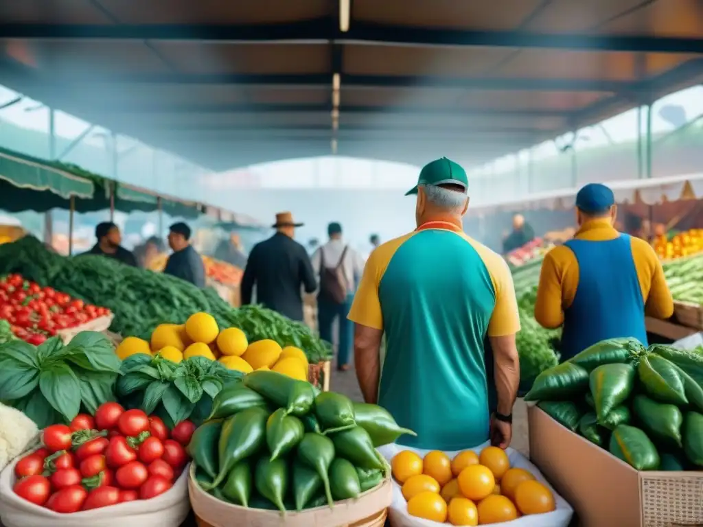 Un bullicioso mercado de verduras italiano, con productos frescos y coloridos como tomates maduros, albahaca fragante y pimientos vibrantes