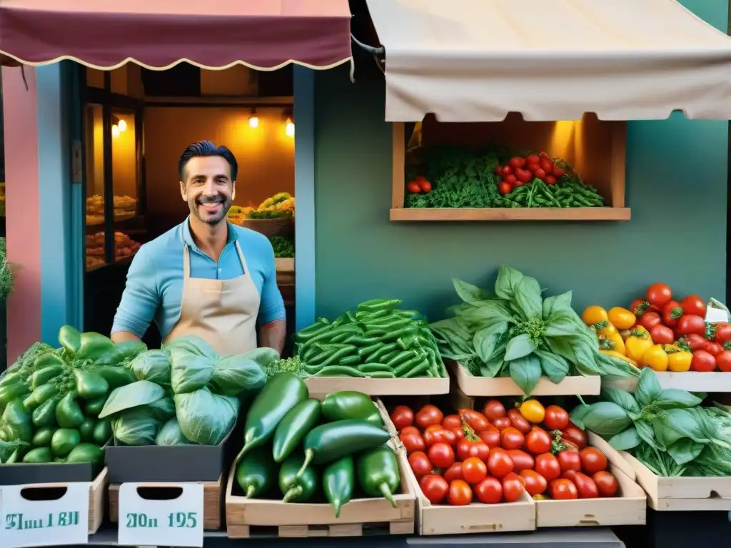 Un bullicioso puesto de mercado italiano rebosante de vegetales frescos, como tomates, albahaca y pimientos