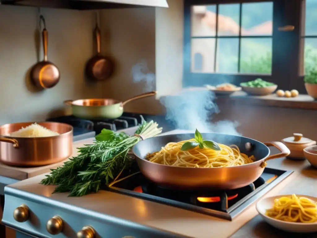 Un bullicioso restaurante en Italia: cocineros preparan platos tradicionales con pasta casera, pizzas al horno y salsas ricas