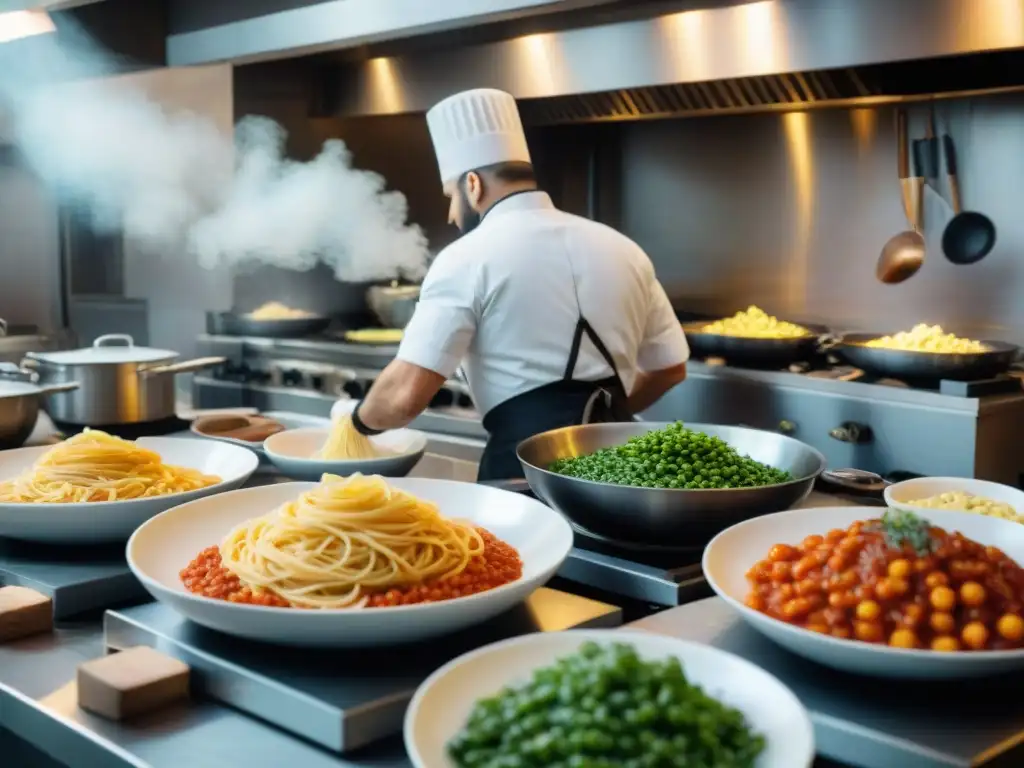 Un bullicioso restaurante italiano durante la cena con chefs preparando platos exquisitos con sabores italianos