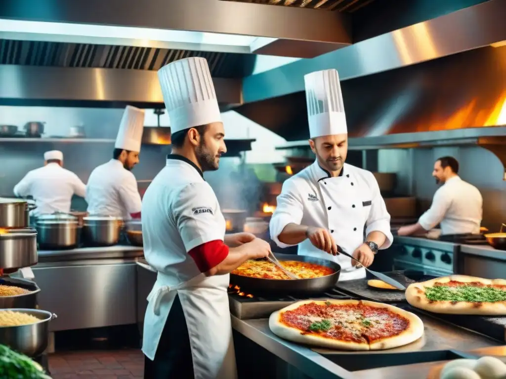 Un bullicioso restaurante italiano, chefs en acción, colaboración restaurantes italianos bancos alimentos