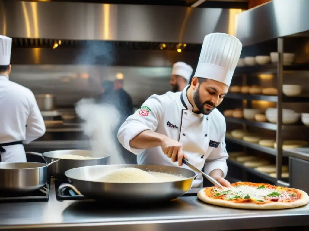 Un bullicioso restaurante italiano donde chefs preparan platos tradicionales con pasión