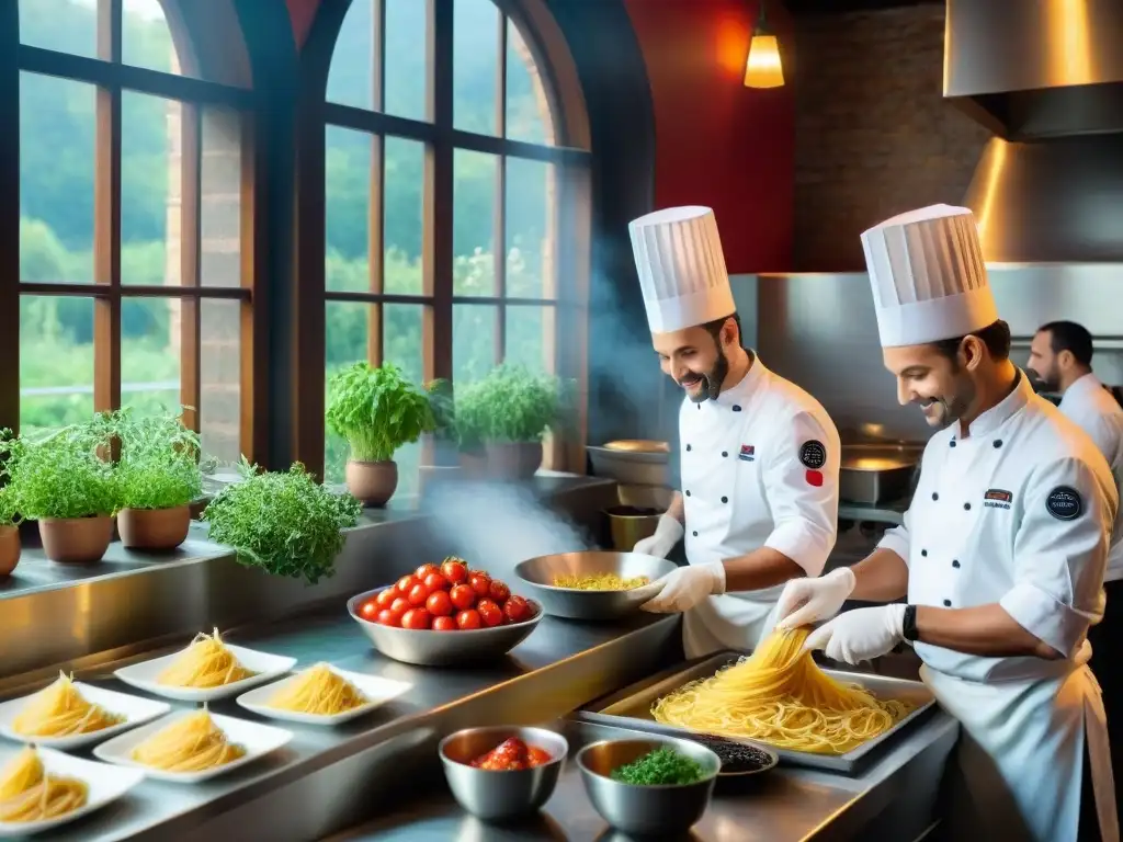 Un bullicioso restaurante italiano, chefs preparan pasta con salsa de tomate y albahaca