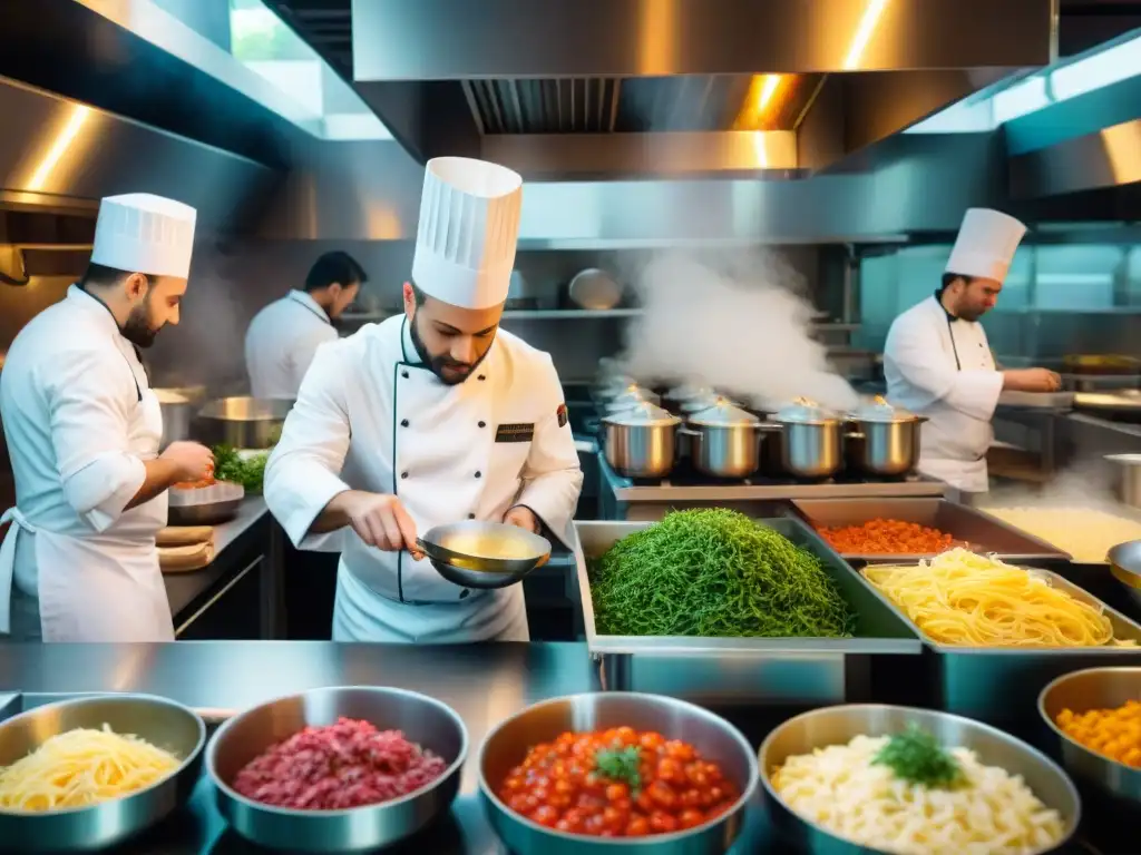 Un bullicioso restaurante italiano, chefs en chaquetas blancas preparando platos exquisitos con sobras italianos